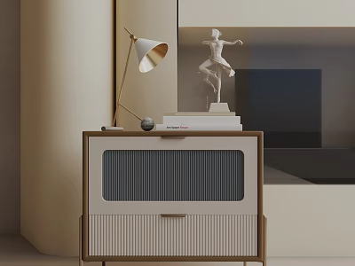 Wooden Side Table with Table Lamp Sculpture and Books in Modern Interior Design 3d model
