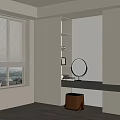 Modern Light Colored Wardrobe Interior With Dressing Table Mirror And Shelves 3d model