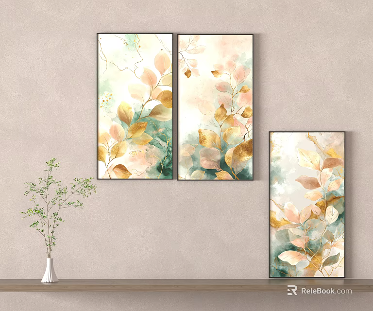 Modern Abstract Paintings With Gold Green Leaf Patterns In Soft Tones For Wall Decor 3d model