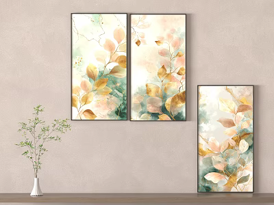Modern Abstract Paintings With Gold Green Leaf Patterns In Soft Tones For Wall Decor 3d model