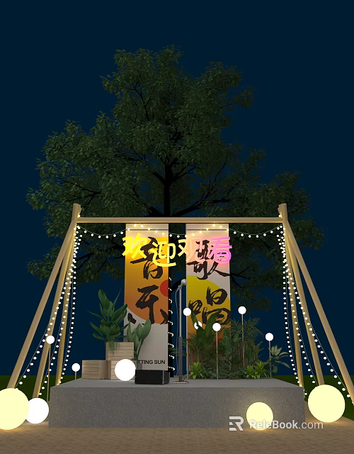 Outdoor Stage Decorated With Neon Signs Trees String Lights And Plants 3d model 