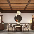 Chinese Style Hotel Guest Room Interior With Wooden Ceiling Hanging Lamps And Dining Table Chairs