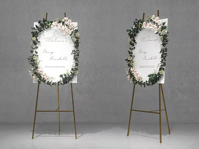 Elegant Commercial Event Greeting Signboards With Golden Stands And Floral Decorations 3d model