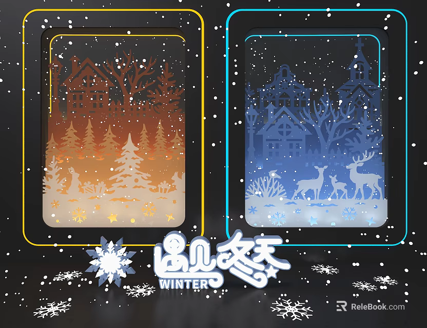 Winter Themed Window Display With Snowy Scene Trees And Deer Decorations 3d model