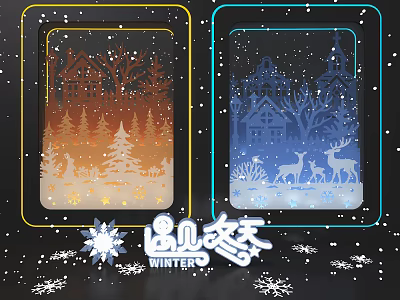 Winter Themed Window Display With Snowy Scene Trees And Deer Decorations 3d model