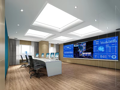 Modern Monitoring Control Room With Multiple Screens Data Charts And Workstation 3d model