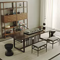 Modern Chinese Style Dark Wooden Tea Table And Chairs With Bookshelf Plant And Window