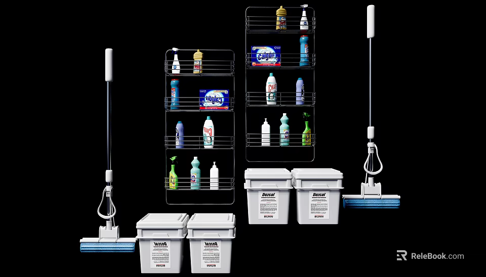 Household Cleaning Supplies Storage With Metal Wire Racks White Buckets And Mop 3d model 