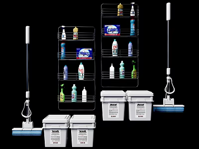 Household Cleaning Supplies Storage With Metal Wire Racks White Buckets And Mop 3d model