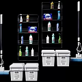 Household Cleaning Supplies Storage With Metal Wire Racks White Buckets And Mop