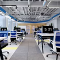 Modern Public Office Area with Open Glass Partition Yellow Sofa Black Coffee Table and Plant