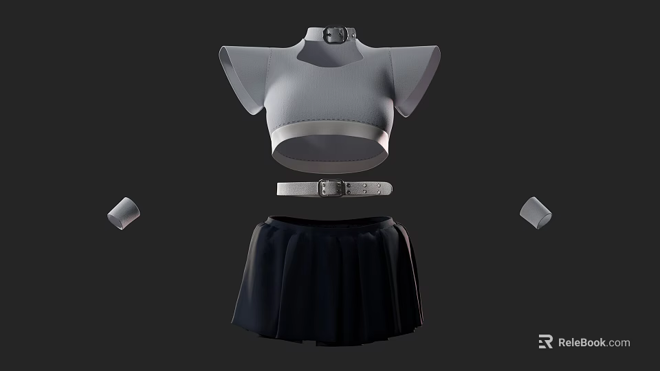 Gray High Neck Short Sleeved Cropped Top with Black Pleated Skirt Belt and Arm Sleeves 3d model 