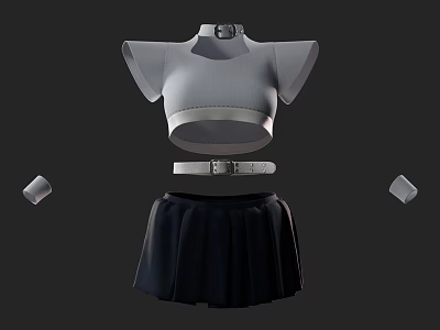 Gray High Neck Short Sleeved Cropped Top with Black Pleated Skirt Belt and Arm Sleeves 3d model