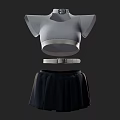 Gray High Neck Short Sleeved Cropped Top with Black Pleated Skirt Belt and Arm Sleeves