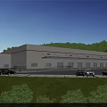 Modern White Industrial Warehouse Building Exterior With Red Trucks And People Nearby