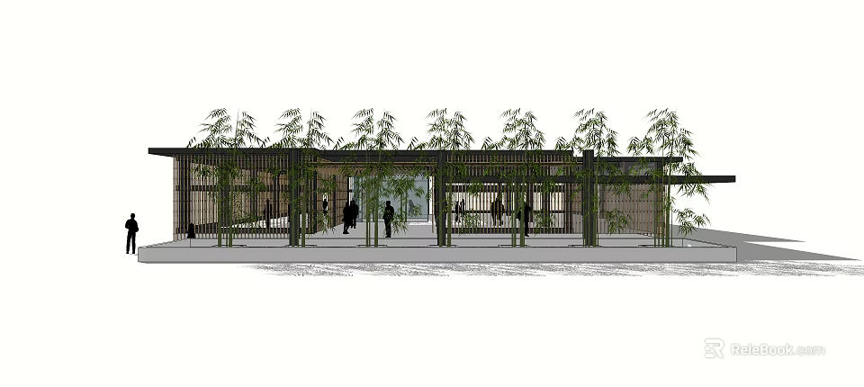 Open Bamboo Structure Pavilion With People In Outdoor Resting Area 3d model 