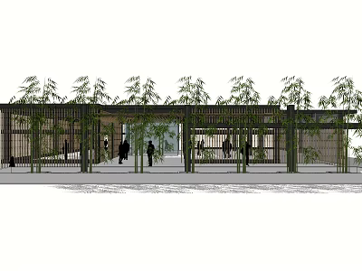Open Bamboo Structure Pavilion With People In Outdoor Resting Area 3d model