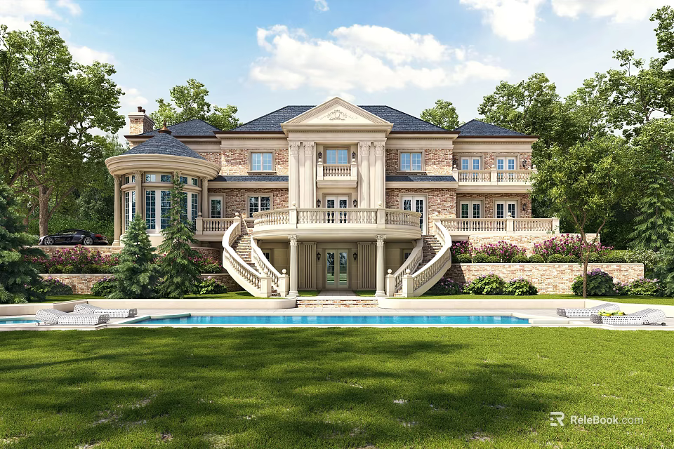 Luxurious Detached Villa With Stone Facade Swimming Pool Stairs And Green Lawn 3d model 