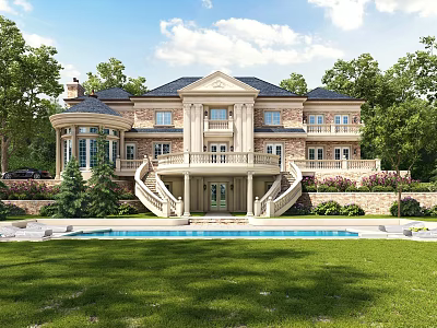 Luxurious Detached Villa With Stone Facade Swimming Pool Stairs And Green Lawn 3d model