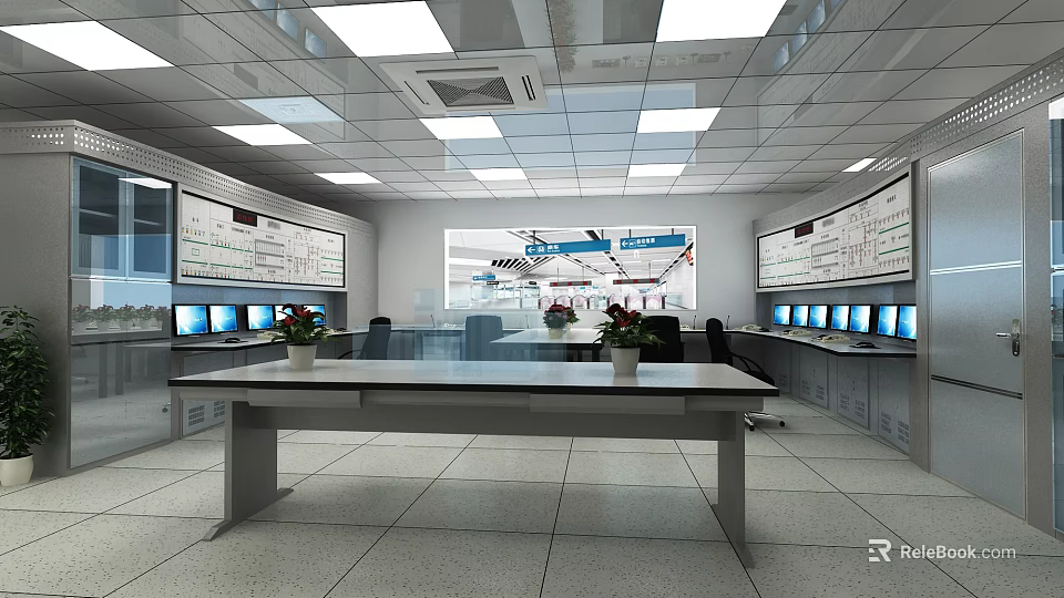 Modern Surveillance Monitoring Room Interior With Multiple Monitors Large Display Screen And Control Desk 3d model 