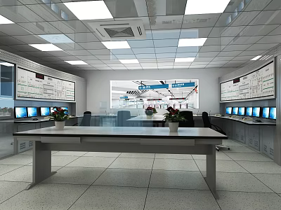 Modern Surveillance Monitoring Room Interior With Multiple Monitors Large Display Screen And Control Desk 3d model