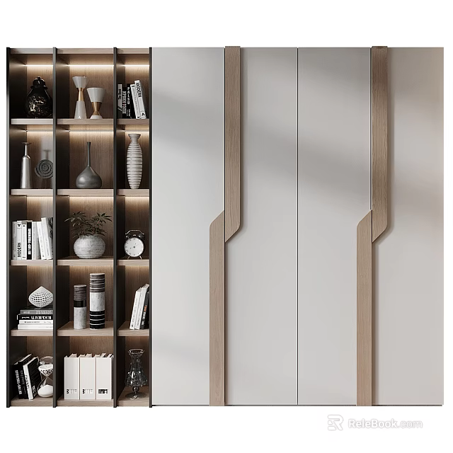 Modern Decorative Cabinet With Books Vases Clock Plant And Decorative Items 3d model 