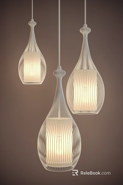 Modern White Pendant Lights With Wireframe Structure And Warm Glow Against Neutral Wall 3d model 