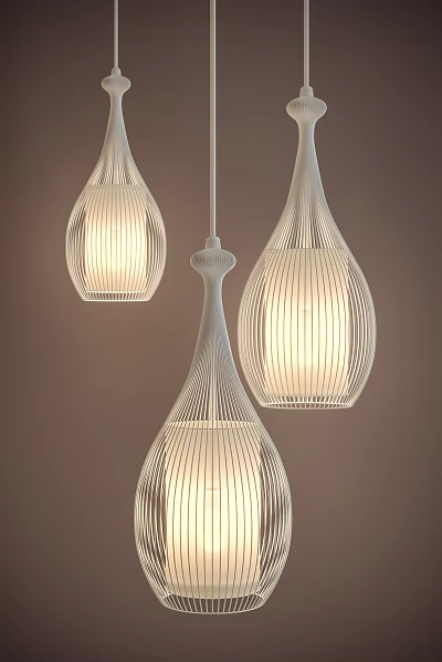 Modern White Pendant Lights With Wireframe Structure And Warm Glow Against Neutral Wall 3d model