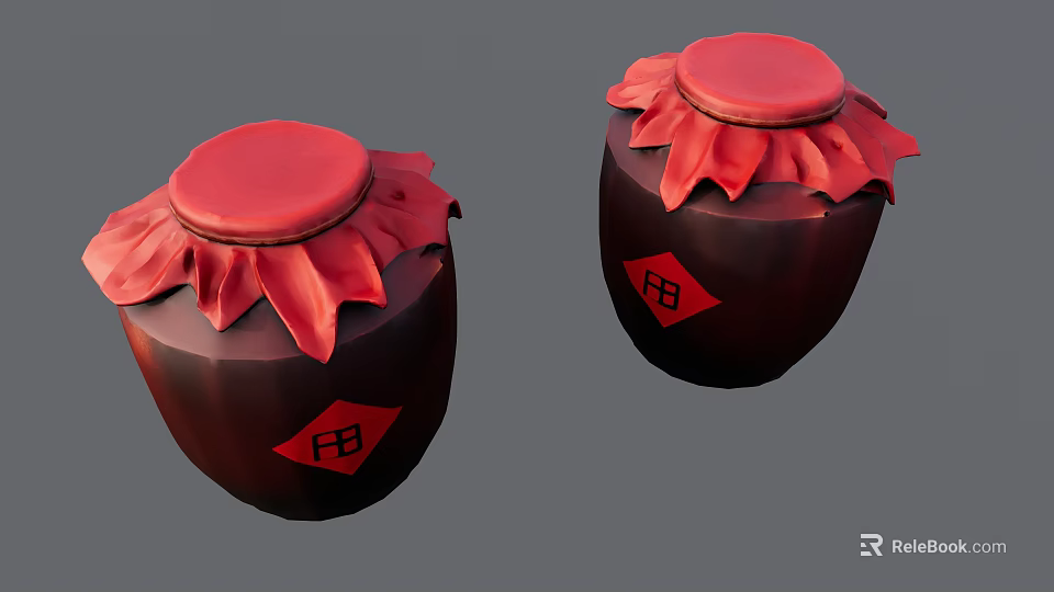 Traditional Ceramic Jars With Red Lids Petal Decorations And Red Fortune Characters 3d model 