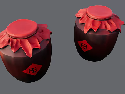 Traditional Ceramic Jars With Red Lids Petal Decorations And Red Fortune Characters 3d model