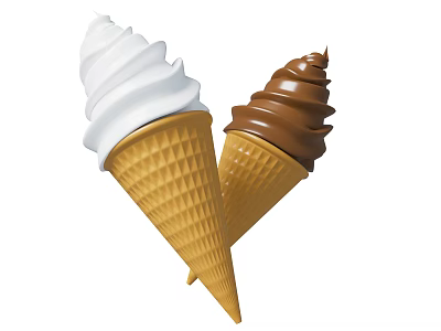 Two Delicious Ice Cream Cones Vanilla And Chocolate Flavors Soft Swirls In Golden Waffle Cones 3d model