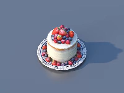 Single Layer White Cream Cake Topped With Fresh Berries On Decorative Plate 3d model