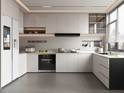 Modern Kitchen Interior Design With White Cabinets Black Appliances And Light Countertop 3d model