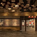 Historical Themed Interior With Red Flag Brick Walls Wooden Structure And Wall Posters