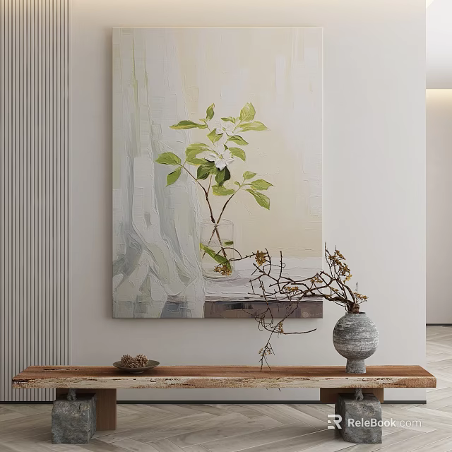 Elegant Interior Decor Featuring Wall Painting Vase Foliage And Wooden Table 3d model 