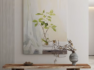 Elegant Interior Decor Featuring Wall Painting Vase Foliage And Wooden Table 3d model
