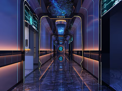 Futuristic KTV Corridor Interior With Blue Purple Lighting Mirrored Floor And Glowing Decorations 3d model