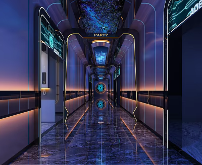 Futuristic KTV Corridor Interior With Blue Purple Lighting Mirrored Floor And Glowing Decorations 3d model