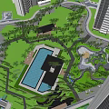 Modern Entrance Gate With Trees Steps And Orange Car Near High Rise Buildings