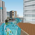 Modern Commercial Complex With Glass Facades Water Features Open Plaza And Pedestrian Walkways