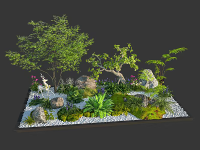 Lush Courtyard Garden Design With Trees Rocks Plants And Deer Ornament 3d model