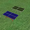 Outdoor Ping Pong Table On Green Lawn Featuring Blue Tabletop Red Legs And Trees Nearby