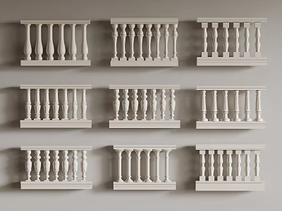 Several White Railings With Various Designs And Styles Showcased On Gray Background 3d model