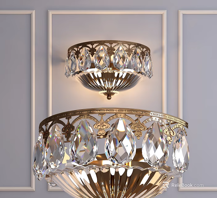 Layered Crystal Chandeliers With Golden Frame And Transparent Crystals For Luxurious Interior 3d model 