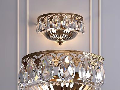 Layered Crystal Chandeliers With Golden Frame And Transparent Crystals For Luxurious Interior 3d model
