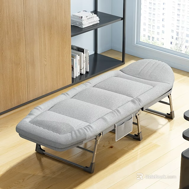 Comfortable Gray Folding Lounge Chair In Bright Room With Wooden Cabinet And Bookshelf 3d model 