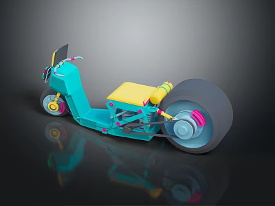 Teal Motorcycle With Yellow Seat Large Wheels And Modern Design Elements 3d model