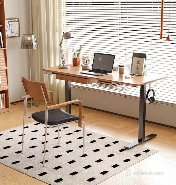 Modern Home Office Desk With Laptop Lamp Coffee Cup Calendar And Wooden Chair 3d model 