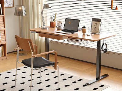 Modern Home Office Desk With Laptop Lamp Coffee Cup Calendar And Wooden Chair 3d model