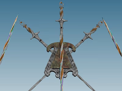 Ornate Crossed Swords With Decorative Central Shield And Colorful Blades Design 3d model